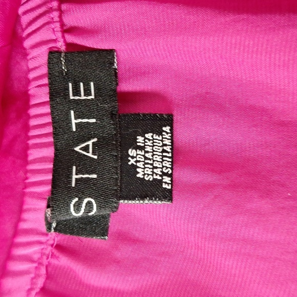 1. State 'NEW" Pink Coquette Romantic Smocked Satin Cold Shoulder Blouse Size XS - Picture 12 of 15
